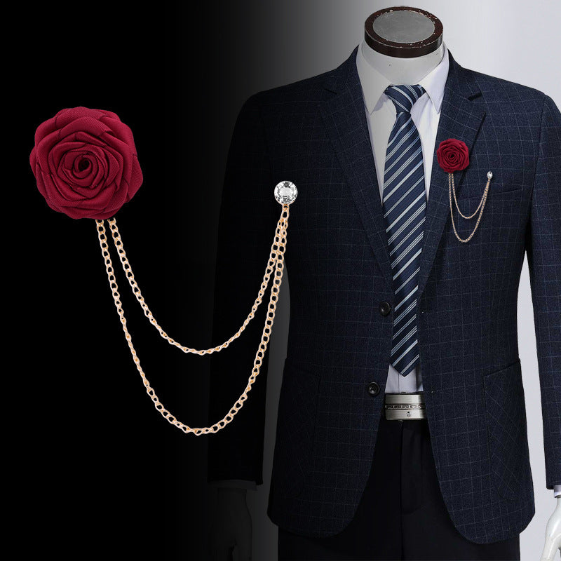 Men's Wedding Ceremony Groom Handmade Rose Chain Brooch