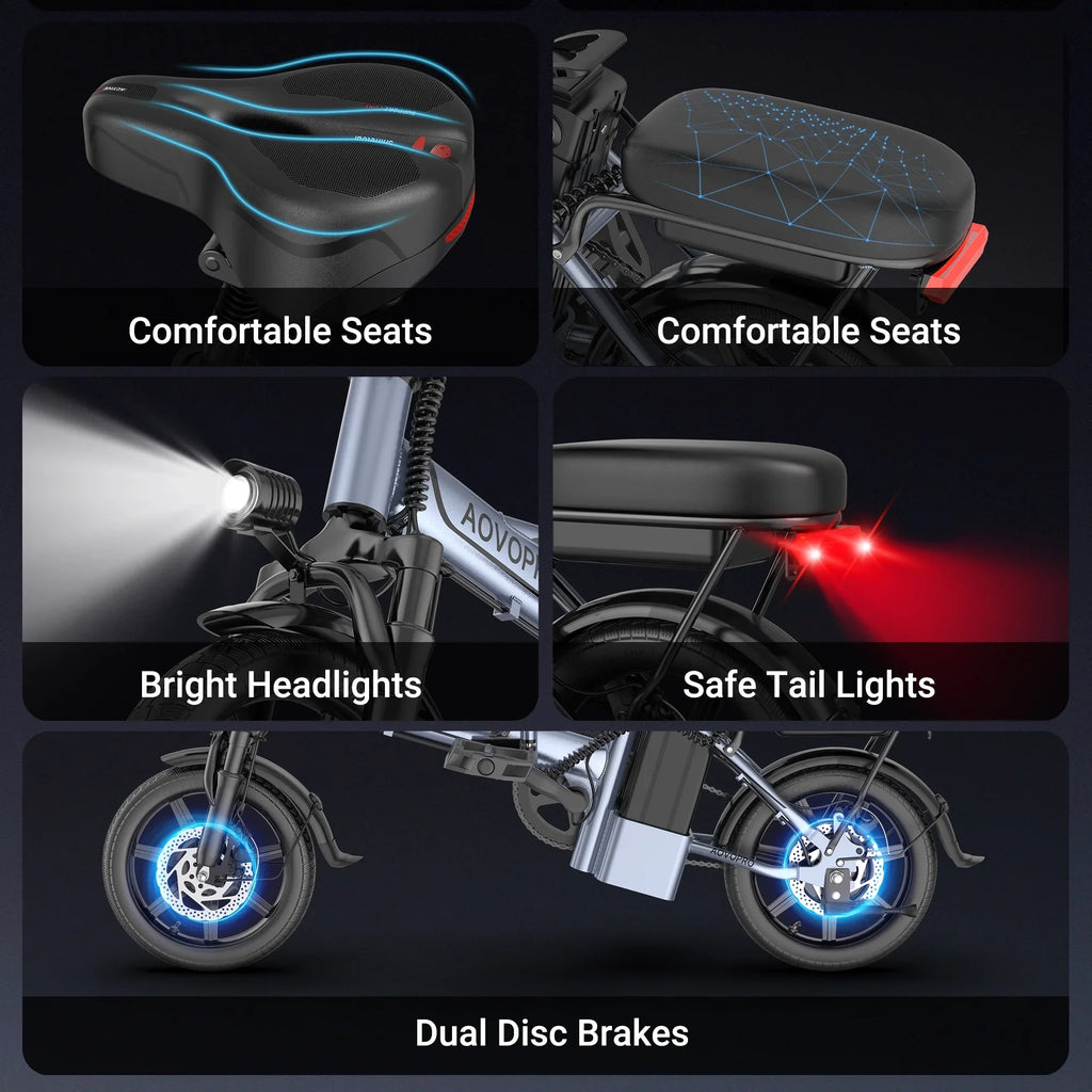 AOVOPRO 14inch EB60 Foldable Ebike 500W 48V 10.4AH Electric Bicycle 22MPH 28Miles Long Range with Two Seats for Adult
