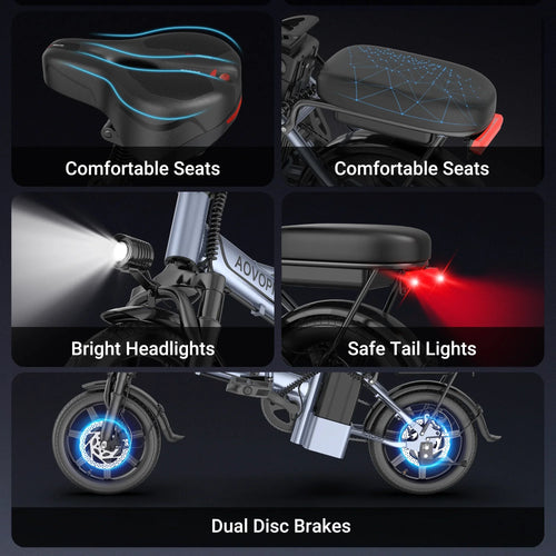 AOVOPRO 14inch EB60 Foldable Ebike 500W 48V 10.4AH Electric Bicycle 22MPH 28Miles Long Range with Two Seats for Adult