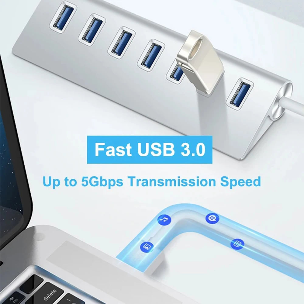 Aluminum Alloy USB 3.0 HUB 7 Ports High Speed Multi Splitter Adapter Up To 5Gbps Docking Station Expander for Laptop Computer PC