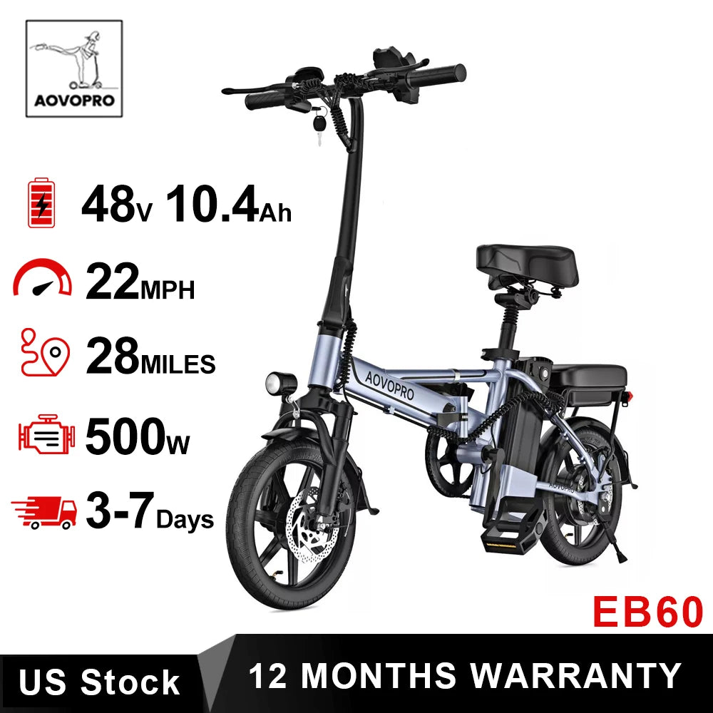 AOVOPRO 14inch EB60 Foldable Ebike 500W 48V 10.4AH Electric Bicycle 22MPH 28Miles Long Range with Two Seats for Adult
