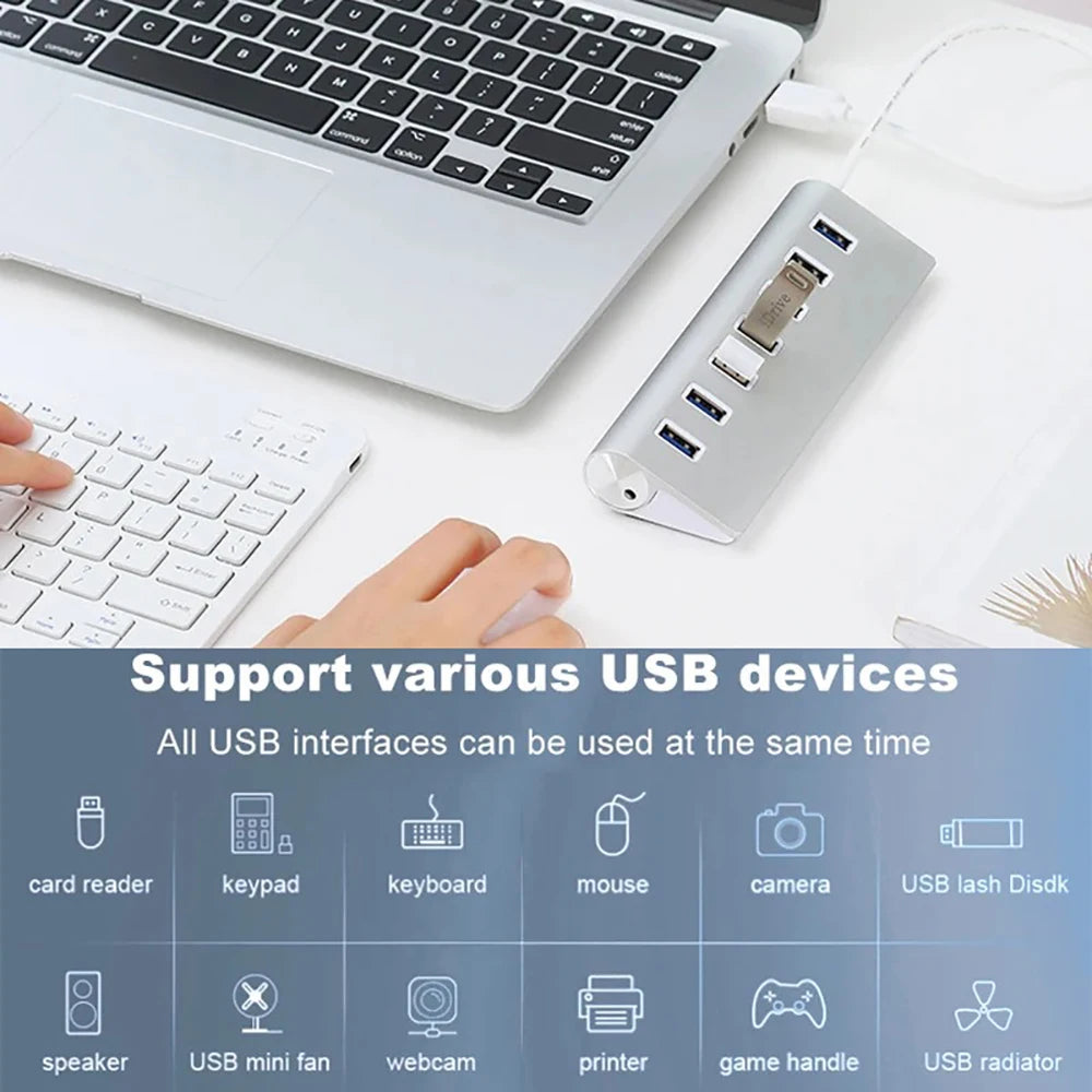 Aluminum Alloy USB 3.0 HUB 7 Ports High Speed Multi Splitter Adapter Up To 5Gbps Docking Station Expander for Laptop Computer PC