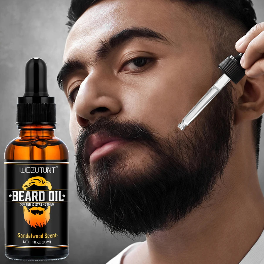 Natural Shea Beard Conditioning Oil Soften Strengthen Beard Sandalwood Scent 30ml and Gently Roller For Men Facial Hair Massage