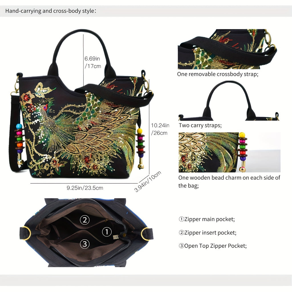 [Fashion Satchel] Retro Style Wo 'S Embroidered Satchel Bag | Fashion Double Handle Purse with Removable Strap
